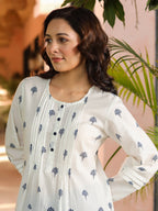 Women Floral Embroidered Round Neck Puff Sleeves Cotton Top