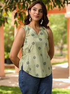 Women Ethnic Motifs Printed Sleeveless Cotton Regular Top