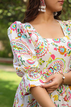 Ethnic Motifs Printed Puff Sleeves Pure Cotton Midi Dress