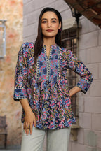 Floral Print Mandarin Collar Cotton Top