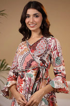 Women Tropical Printed Bell Sleeves Pure Cotton Wrap Midi Ethnic Dress