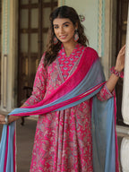 Women Fuchsia Paisley Printed Pure Cotton Kurta With Printed Trouser And Dyed Dupatta