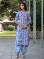 Women Blue Floral Printed Straight Kurta With Afghani Salwar and Printed Dupatta