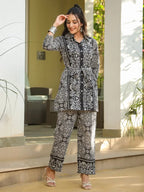 Women Black Floral Printed Pure Cotton Shirt With Trouser Set