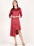 SCARLET RED HALF PLEATED BEADED DRESS