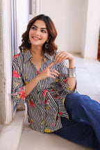 Women Vertical Striped Spread Collar Pure Cotton Casual Shirt