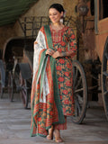 Women Green and Orange Floral Printed Pure Cotton Straight Kurta With Printed Trouser And Printed Dupatta