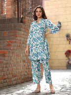 Floral Printed Mandarin Collar Three Quarter Sleeve Tunic Top & Trouser