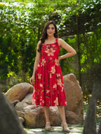 Shoulder Strapped Floral Printed Fit and Flared Pure Cotton Midi Dress