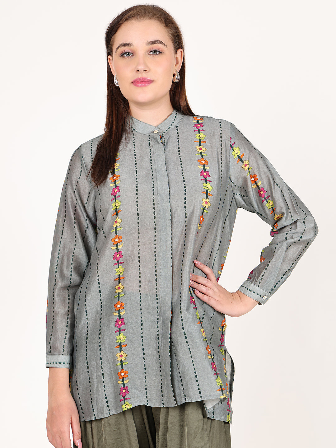 LINES GREY CONCEAL BUTTON SHIRT
