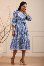 Women Blue and White Floral Fit & Flare Dress