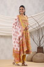 Women Mustard White Sequined Anarkali Pure Cotton Kurta Set
