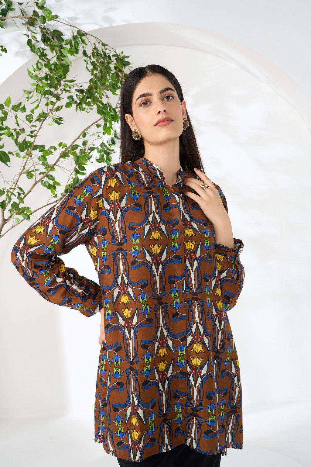 BROWN RAZA CONCEALED BUTTON SHIRT
