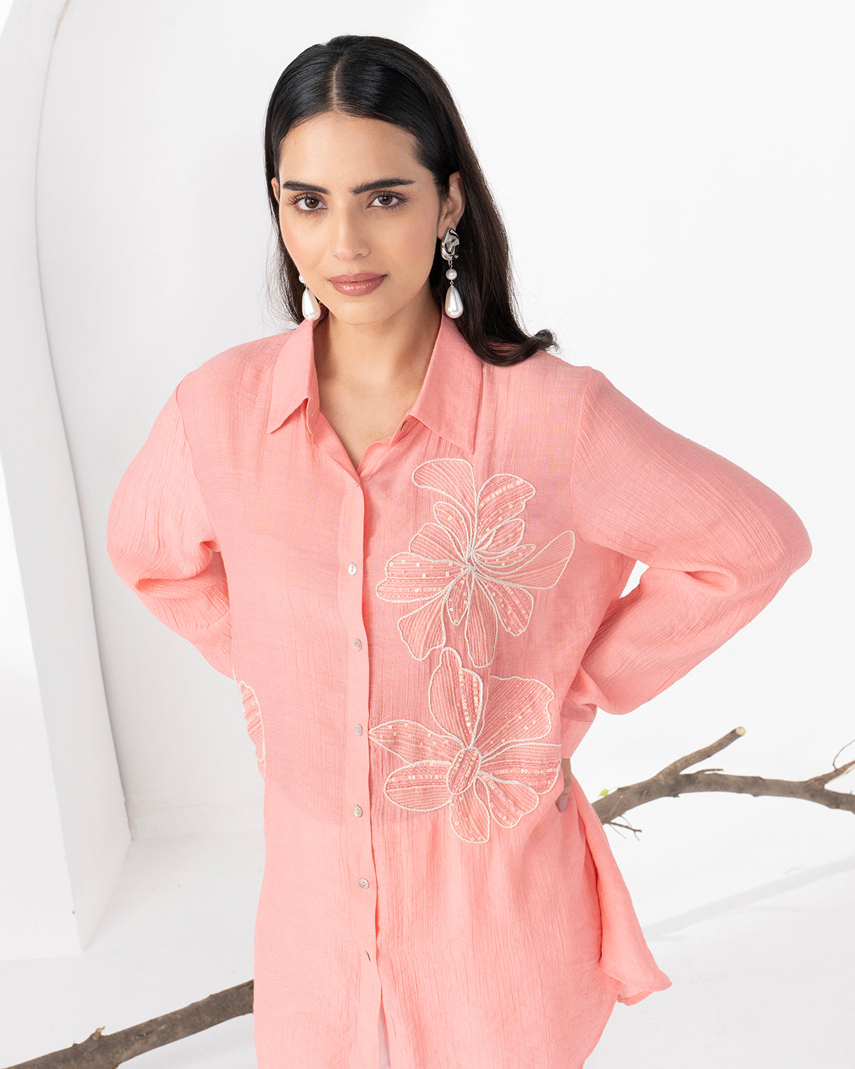 PEACH FLORET CRYSTALLINE SHIRT