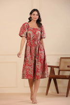 Women Red A-line White-Printed Dress