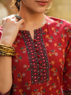 Women Maroon Motifs Printed, Sequinned Pure Cotton Kurti
