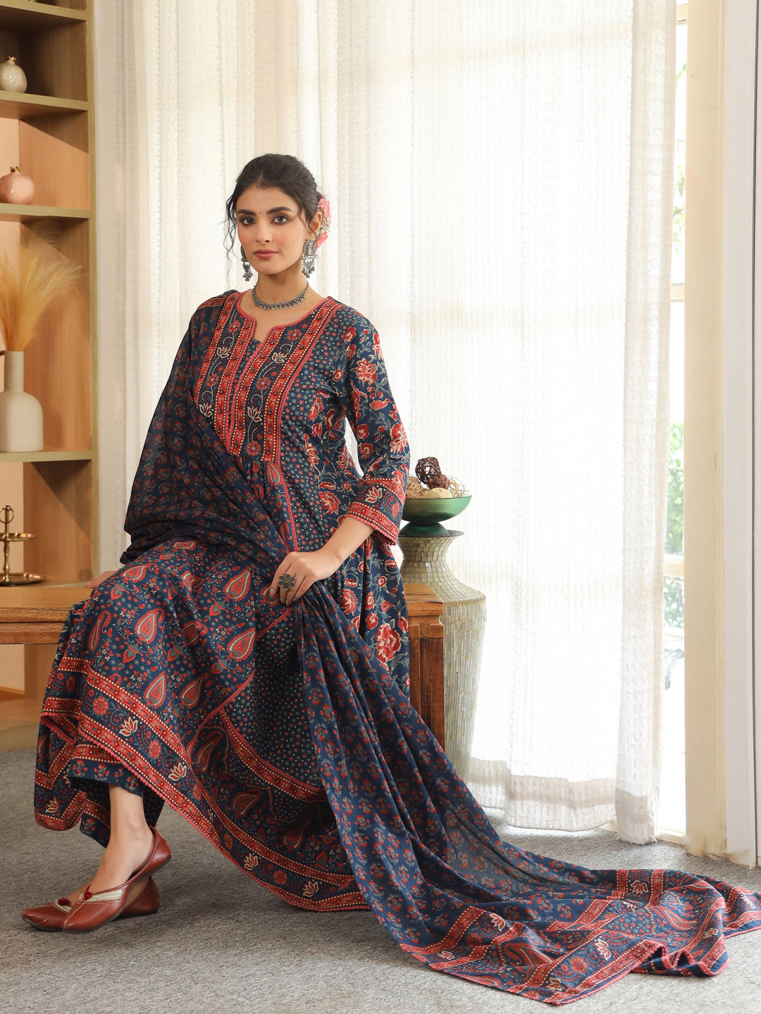 Women Ethnic Motifs Printed Pleated Pure Cotton Kurta with Trousers & With Dupatta