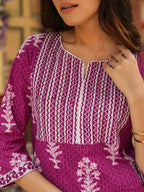 Women Wine & Off-White Printed Sequinned Pure Cotton Kurti