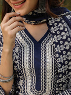 Women Navy Blue Ikat Printed Pure Cotton Straight Kurta With Printed Trouser And Printed Dupatta