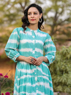 Women Sea Green Tie and Dye Pure Cotton Fit and Flared Midi Dress