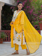 Women Floral Printed Regular Pure Cotton Kurta & Trousers With Dupatta