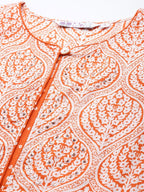Women Orange & White Ethnic Printed Sequinned Pure Cotton Kurti