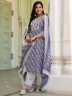 Women Printed Pure Cotton Kurta with Trousers & With Dupatta