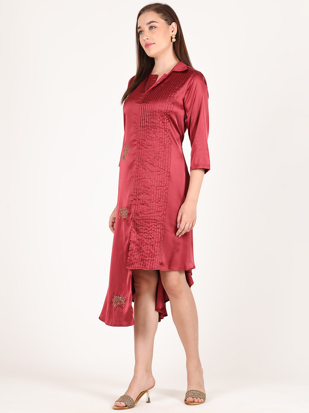 SCARLET RED HALF PLEATED BEADED DRESS
