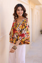 Floral Print Kimono Sleeve Kaftan Top