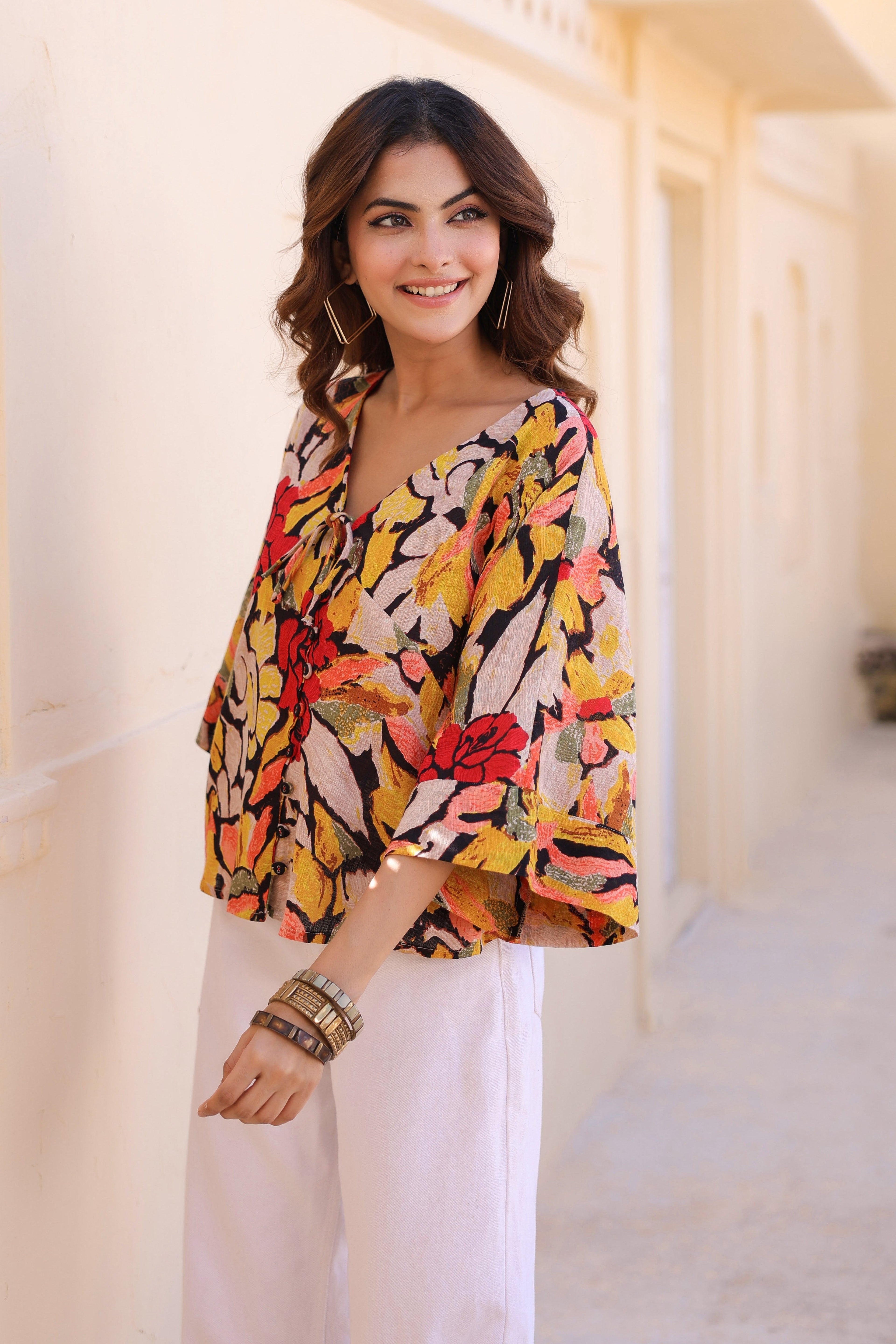 Floral Print Kimono Sleeve Kaftan Top