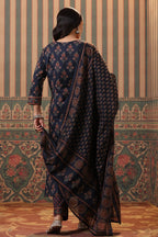 Women Blue Ethnic Printed Pure Cotton Kurta Set
