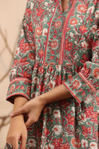 Women Olive green & Pink Floral Printed A line Pure Cotton Kurti