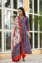 Women Navy blue Floral printed sequinned pure cotton kurta with trousers & dupatta