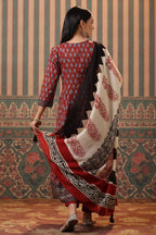 Women Maroon Ethnic Printed Aari Work Cotton Anarkali Kurta Set