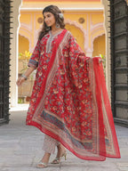 Women Red Floral Printed Pure Cotton Straight Kurta With Printed Dupatta & Printed Trouser
