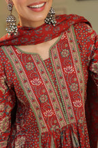 Women Ethnic Motifs Printed Pleated Pure Cotton Kurta with Trousers & With Dupatta