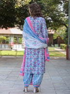 Women Blue Floral Printed Straight Kurta With Afghani Salwar and Printed Dupatta