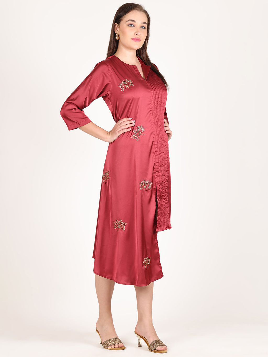 SCARLET RED HALF PLEATED BEADED DRESS