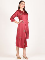 SCARLET RED HALF PLEATED BEADED DRESS