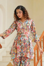 Women Multi Printed V-Neck Pure Cotton Tunic With Trousers