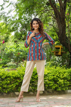 Women Blue Ethnic Motifs Printed Pure Cotton Kurti