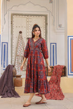 Printed V-Neck Fit and Flare Ethnic Dresses