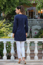 Women Navy Blue Solid Embroidered & Thread Work Cotton A line Kurti