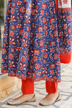 Women Navy blue Floral printed sequinned pure cotton kurta with trousers & dupatta