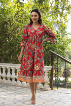 Women Red Ethnic Floral Printed Pure Cotton Knee Length A Line Midi Dress