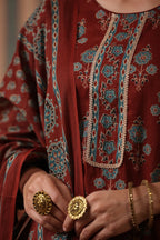 Women Rust Ethnic Printed Pure Cotton Straight Kurta with Palazzos & Dupatta