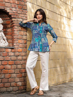 Women Blue Abstract Print A-Line Pure Cotton Kurti