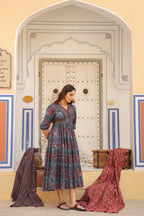 Printed V-Neck Fit and Flare Ethnic Dresses