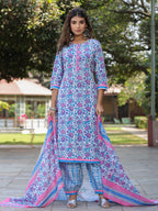 Women Blue Floral Printed Straight Kurta With Afghani Salwar and Printed Dupatta