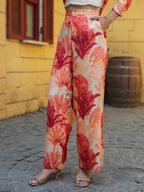 Women Pastel Tropical Printed Trouser And Jacket With Pure Cotton Chiffly Crop Top